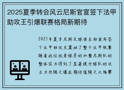 2025夏季转会风云尼斯官宣签下法甲助攻王引爆联赛格局新期待